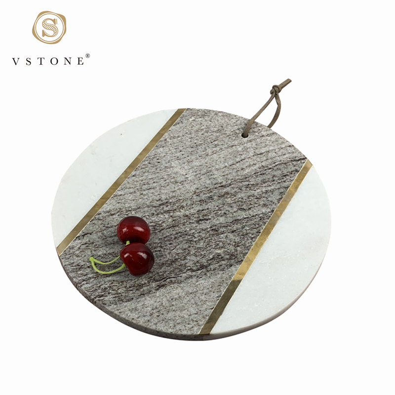 Chinese Factory 2-tone Marble Stone Cutting Board Serving Platter with inlaid Brass Featured Image