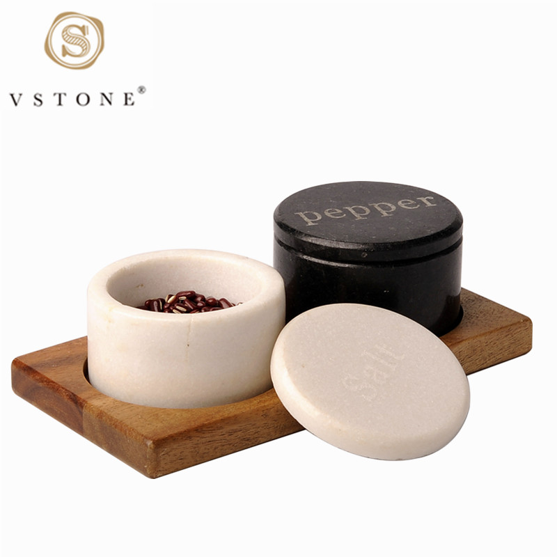 3pcs Marble Pinch Pot with Acacia Wooden Serving Tray/Marble Kitchen Storage Jar With Wood Base