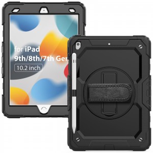 iPad 10.2 2021 لاءِ گھمڻ واري شاڪ پروف ڪيس 9th جنريشن سلڪون ڪپڙا ڪلهي جي پٽي سان
