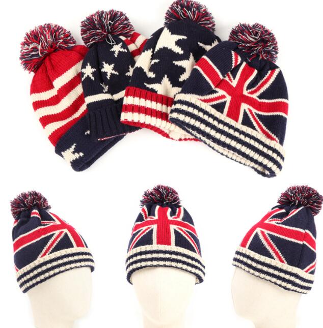 Europe and the United States autumn and winter rice word flag stars striped wool knitted hat men and women warm ball wool hat tide Featured Image