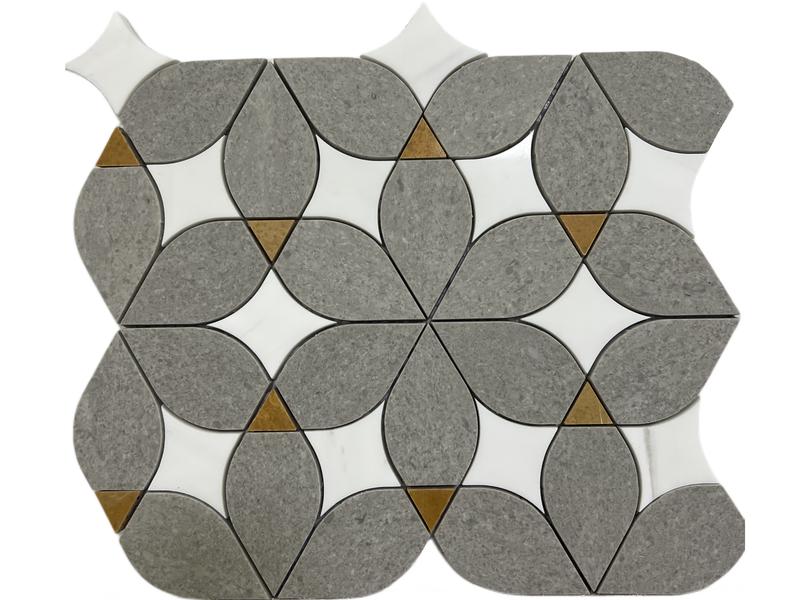 405New Decorative Waterjet Tile Gray And Flos White Marble Mosaic (1)