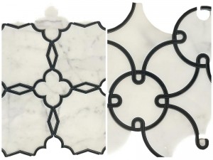 Juodos ir baltos marmurinės mozaikinės plytelės, skirtos vidinei „Backsplash“ sienai