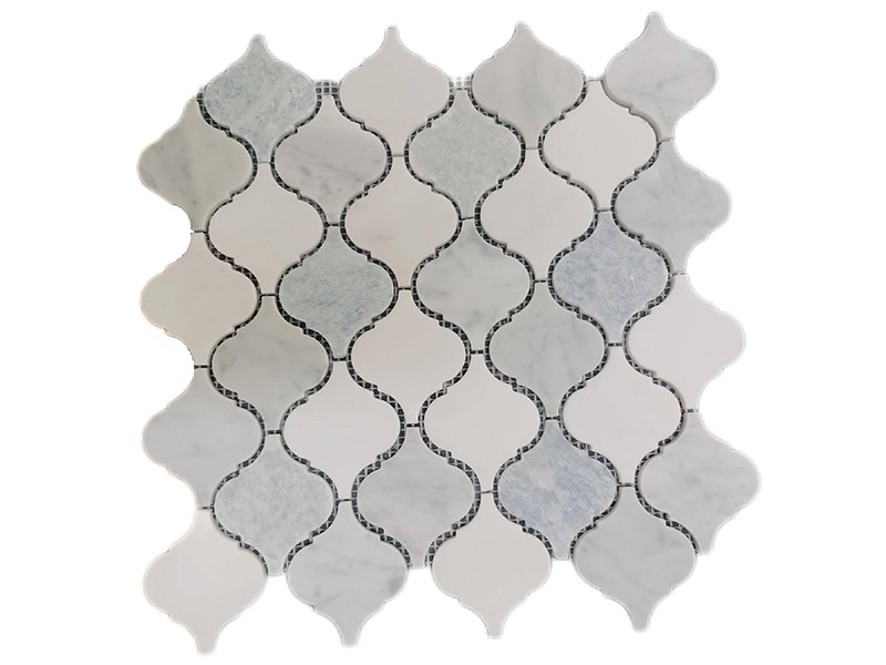 ໂຄມໄຟສີຟ້າ ແລະສີຂາວ Waterjet Stone Mosaic Marble Arabesque Tile