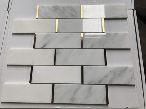 Carrara White Marble And Metal Mosaic Backsplash Subway Tile