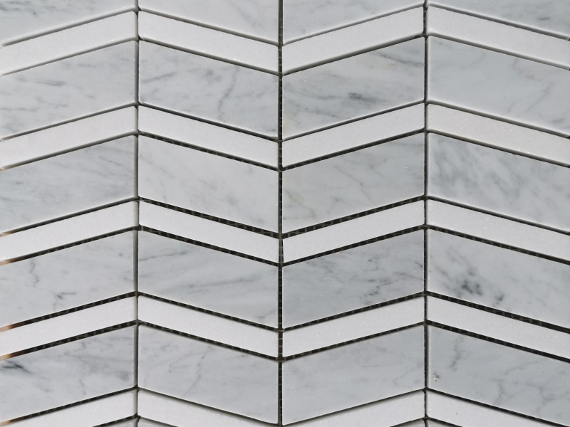 Whakapaipai Grey White Carrara Marble Chevron Mosaic Tile Kaiwhakarato