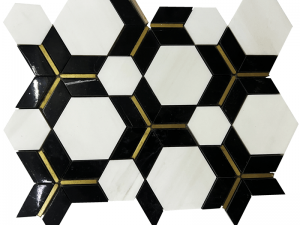 Dolomit Putih Lan Marquina Marmer Inlay Kuningan Hexagonal Marble Mosaic