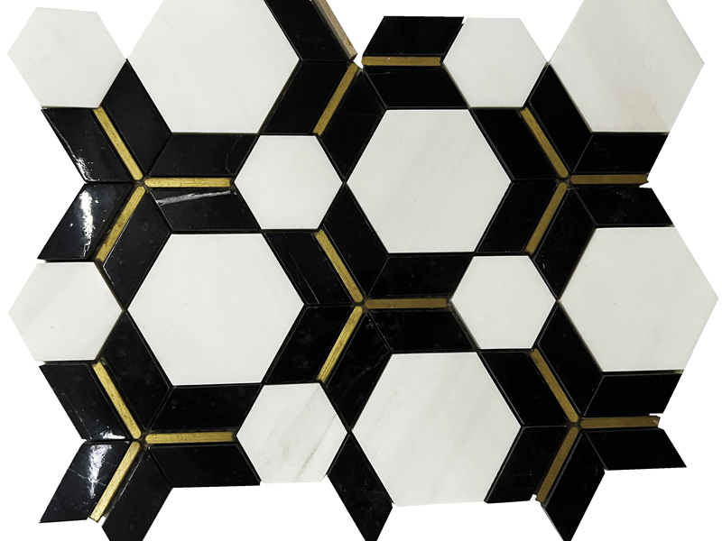 Dolomito balto ir markino marmuro inkrustacija žalvario šešiakampė marmurinė mozaika