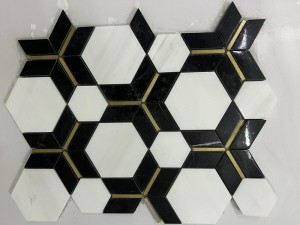 Mosaico de mármol hexagonal de latón con incrustaciones de mármol blanco y marquina de dolomita
