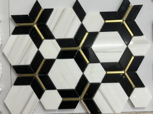 Dolomite White និង Marquina Marble Inlay Brass Brass Hexagonal Marble Mosaic
