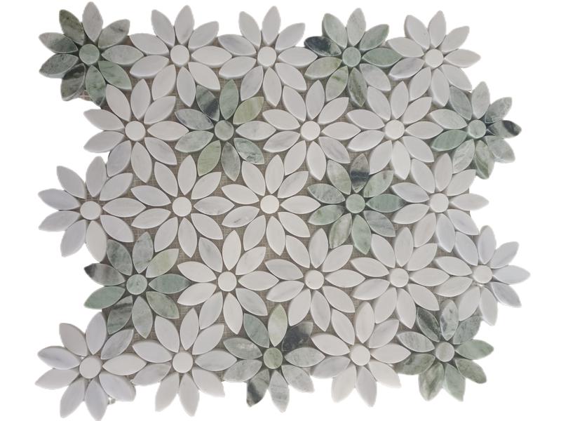 အစိမ်းရောင်နှင့် အဖြူရောင် Mosaic ကြွေပြားများ Waterjet Sunflower စကျင်ကျောက်များ ထောက်ပံ့ခြင်း။