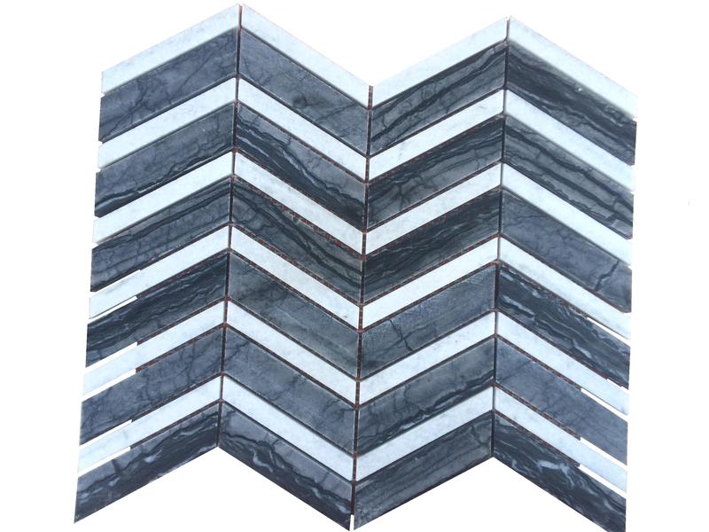 Pemasok Herringbone Chevron Tile Mosaik Marmer Ireng Putih (5)