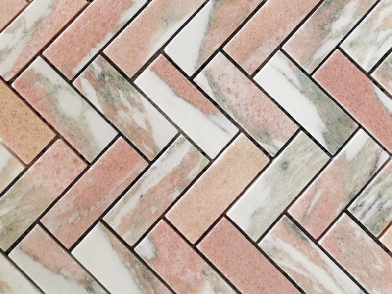 Fornitore di mosaici in marmo rosa a spina di pesce di piastrelle in pietra di alta qualità (5)
