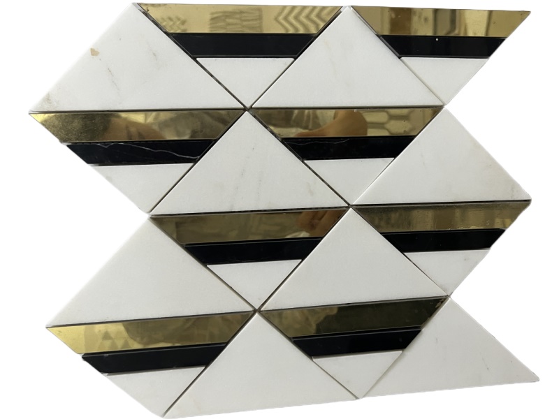 Marmara Tare da Brass Inlay Triangle Diamond Mosaic Tile Backsplash