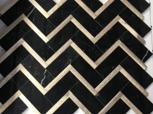 Metal Inlay Black Herringbone Marble Tile Mosaic Backsplash ama ama