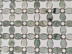 ການອອກແບບທີ່ທັນສະໄຫມສີຂາວແລະສີຂຽວ Waterjet Marble Mosaic Lily ກະເບື້ອງດອກ