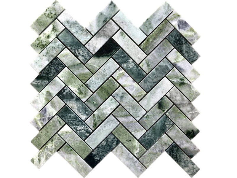 Təbii Yaşıl Mərmər Herringbone Mozaika Daş Kafel Arkası (1)