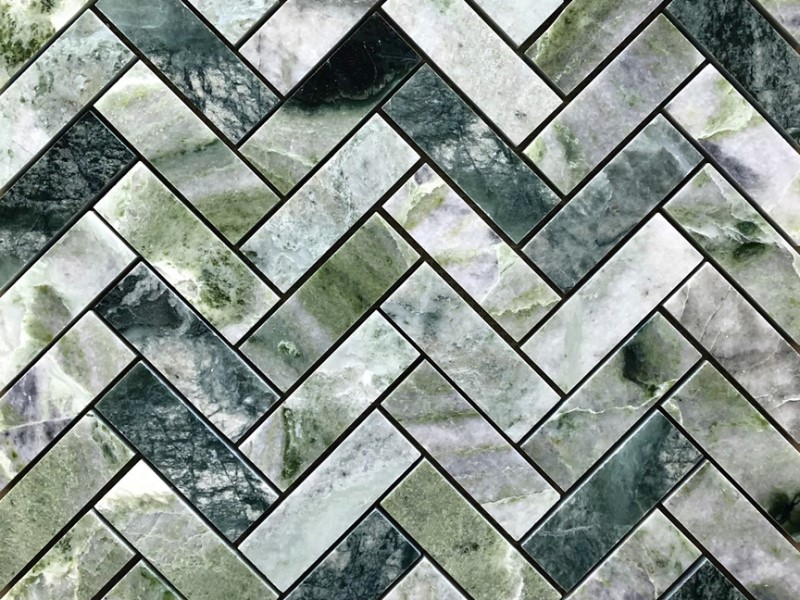 Natierlech gréng Marmer Herringbone Mosaik Steen Fliesen Backsplash