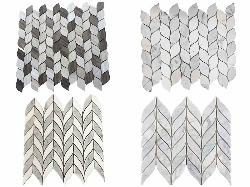 သဘာဝ Waterjet Marble Mosaic Tile သစ်ရွက်ပုံစံ Backsplash ကြွေပြားများ