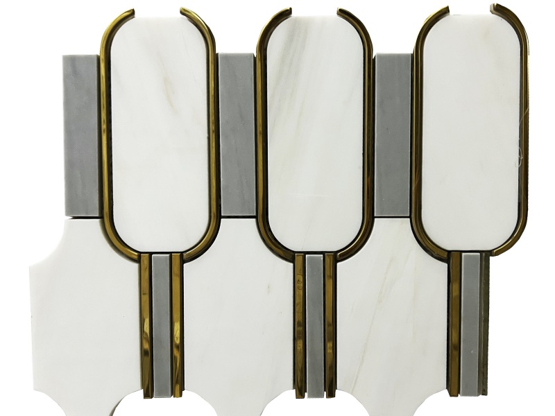 New Arrival Oval brass Inlay White Tictax Marble Mosaics Tiles (1)
