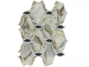 Mokhoa o Mocha oa Waterjet Arabesque Calacatta Gold Marble Mosaic Tile