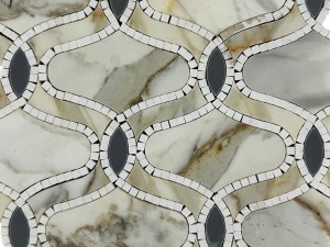 Stil ġdid Waterjet Arabesque Calacatta Gold Marble Mosaic Tile