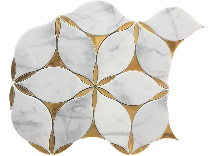 New White Marble Brass Inlay Waterjet Mosaic Backsplash Tile Supplier
