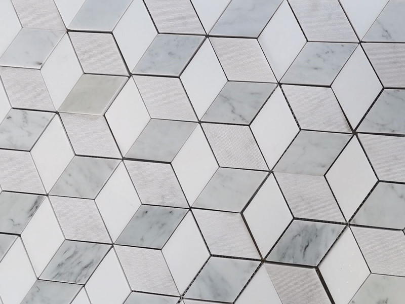 Produktapplicering av Carrara White Stone Mosaic Tile 3D Cube Marble Interior Tile