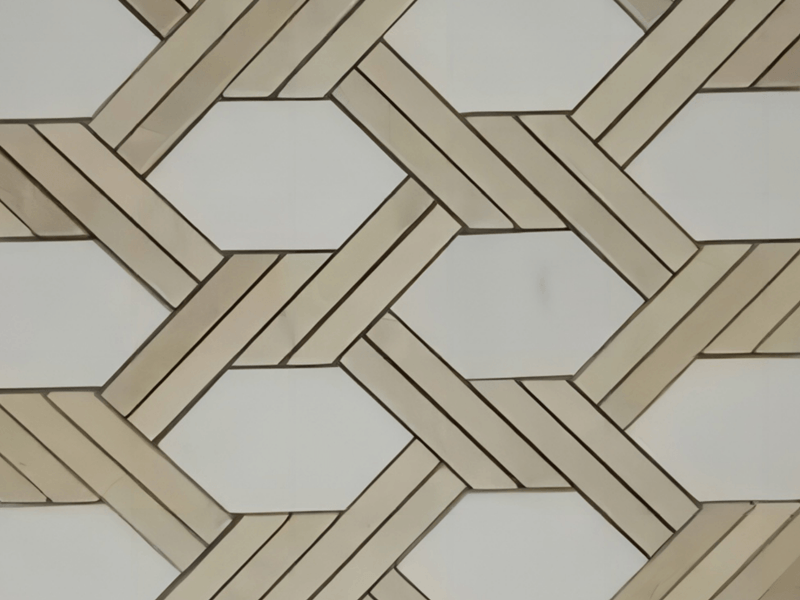 Unieke ontwerp gepoleerde Twist Thassos Wit Marmer En Crema Marfil Basketweave Tile (5)