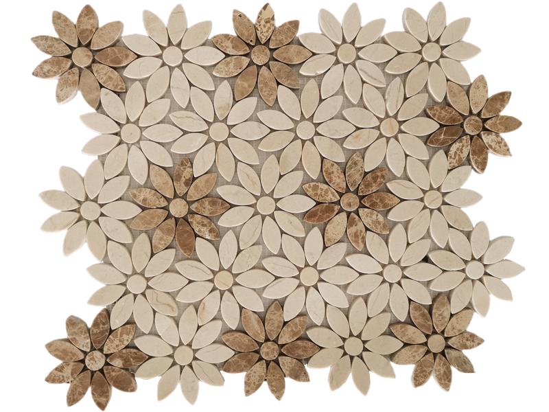 Waterjet Crema Marfil And Light Emperador Marble Flower Mosaic Tile