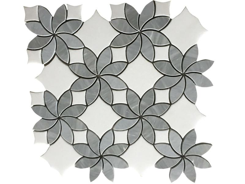 Waterjet Marble Flower Mosaic Grey Da Farin Fale-falen Mosaic
