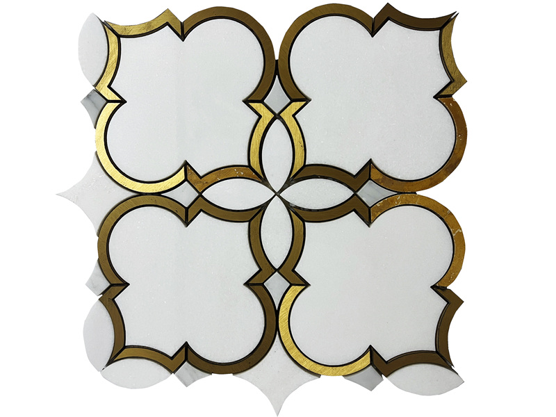 Azulejo branco de mosaico de mármore Waterjet com incrustações de latão para piso de parede (3)
