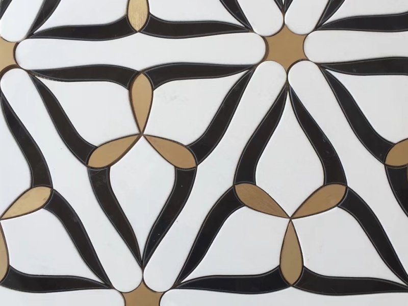 White Black Waterjet Marble Mosaic ကြေးဝါ Inlay Tile Backsplash (၁) ခု၊