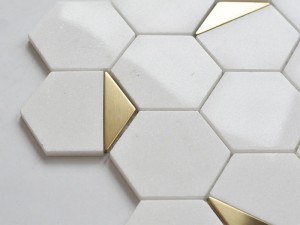 Bianco Vit Marmor Metall Och Hexagon Sten Mosaik För Väggområdet