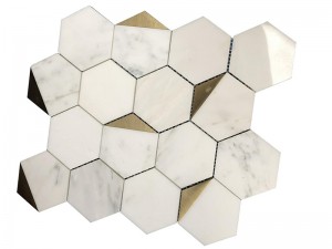 බිත්ති ප්රදේශය සඳහා Bianco White Marble Metal සහ Hexagon Stone Mosaic