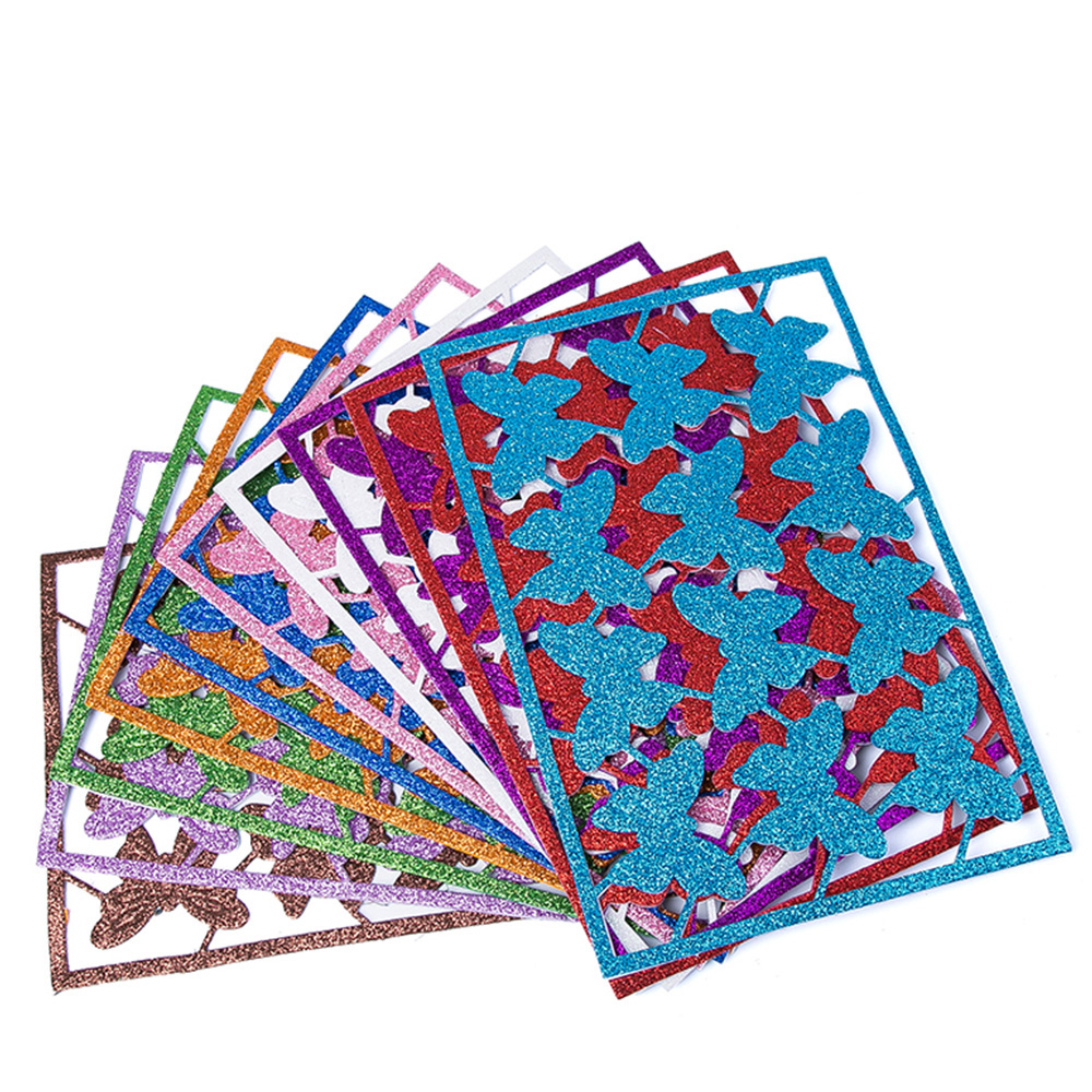Groothandel milieuvriendelijke kleurrijke vlinderprint zelfklevende handwerk ruglijm glitter eva glitter schuimplaat