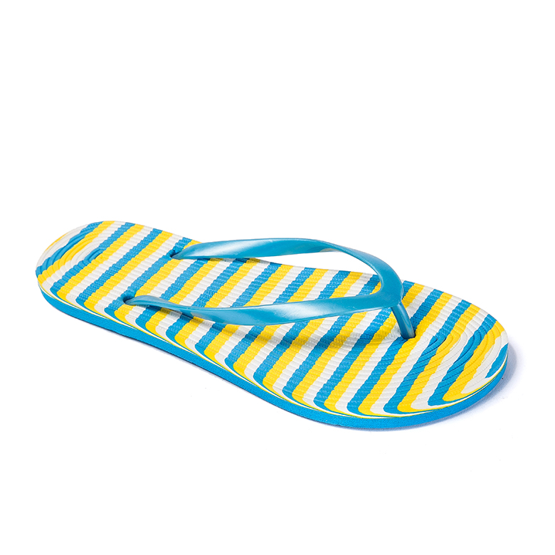 China fábrica moda feminina personalizada eva sola pvc superior azul amarelo listra branca chinelos e sandália