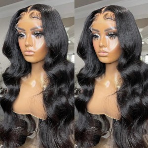 Long Body Wave Human Virgin Hair Lace Front Wig Preplucked With մանկական մազերով