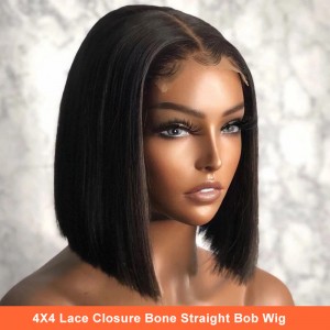 4 × 4 Lace Closure Wigs Silk Straight Short Bob Wig