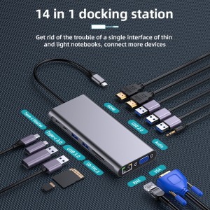 14 li 1 Stasyona Docking USB Type-C ber HDMI + RJ45 + Audio