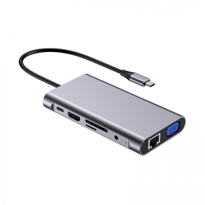 10 in 1 USB Type-C ilaa RJ45+HDMI+ VGA+SD/TF+Audio+PD Saldhigga