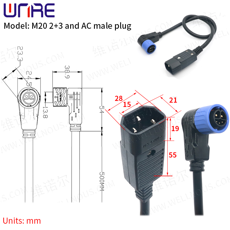 1 set M20 2+3 i AC muški utikač Priključak za punjenje E-BIKE Baterijski priključak IP67 Utičnica za skuter Utikač s kabelom C13 Utičnica