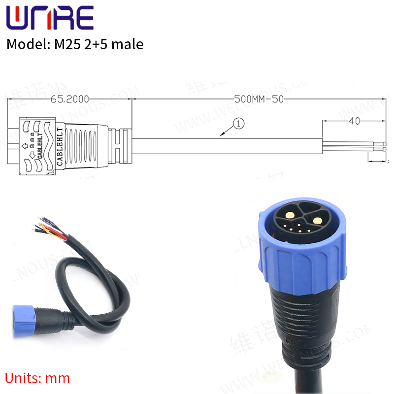 M25 2+5 vyriškas paspirtuko lizdas E-BIKE baterijos jungtis IP67 30-50A kištukas su kabelio laidu įkrovimo / iškrovimo baterijų kištuku