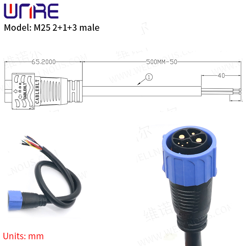 M25 2+1+3 vyriškas paspirtuko lizdas E-BIKE akumuliatoriaus jungtis IP67 30-50A kištukas su kabelio laidu įkrovimo / iškrovimo baterijų kištuku