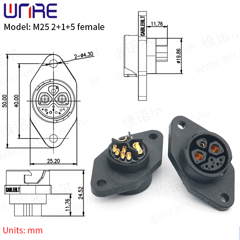 E-BIKE akumuliatoriaus jungtis IP67 30-50A įkrovimo prievadas M25 2+1+5 moteriškas rombinis kištukas su paspirtuko lizdu ir dviračio kištuko baterijos