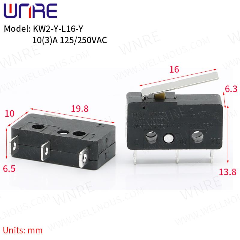 KW2-Y-L16-Y ක්ෂුද්‍ර ස්විචය තඹ සම්බන්ධතා 3A 125/250V 3Pin Mini Limit Switch Quick Button Switch