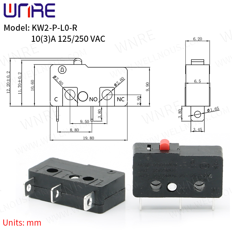 KW2-P-L0-R Microinterruttore Contatto in rame 3A 125/250V 3Pin Mini Limitatore Interruttore a pulsante rapido