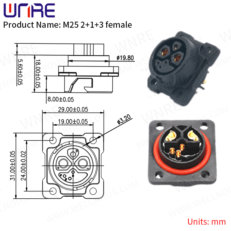 E-BIKE akumuliatoriaus jungtis IP67 30-50A įkrovimo prievadas M25 2+1+3 moteriškas kvadratinis kištukas su paspirtuko lizdu ir dviračio kištuko baterijos