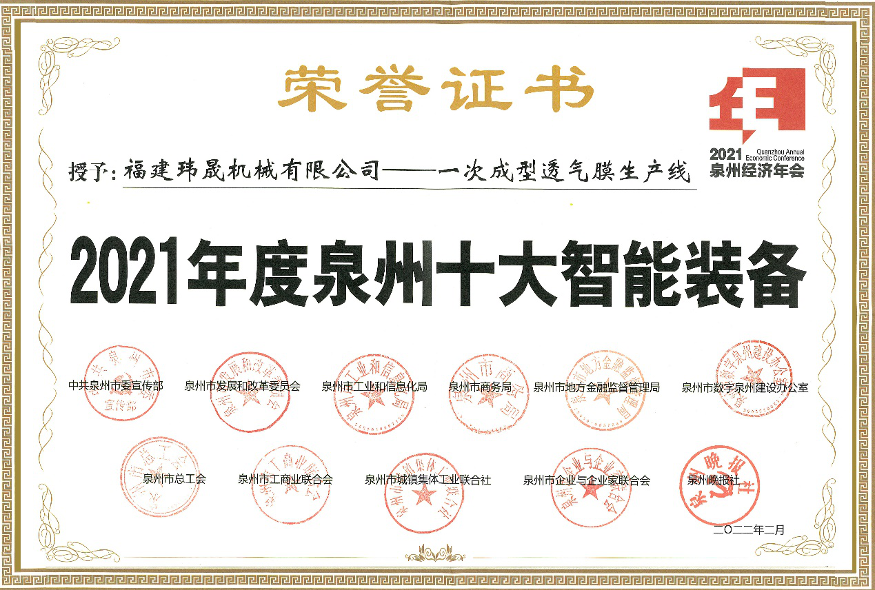Wellson Machinery is awarded as “TOP 10 Intelligent Equipment Manufacturers” in Quanzhou City.