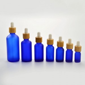 Frosted Cobalt Blue Glass Essential Oil Bottle with Bamboo Dropper Cap