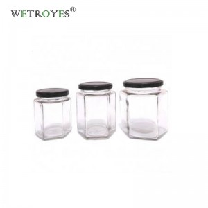 Large 730ml Hexagon Glass Jar for Pickles Sauce Honey with Metal Lug Cap